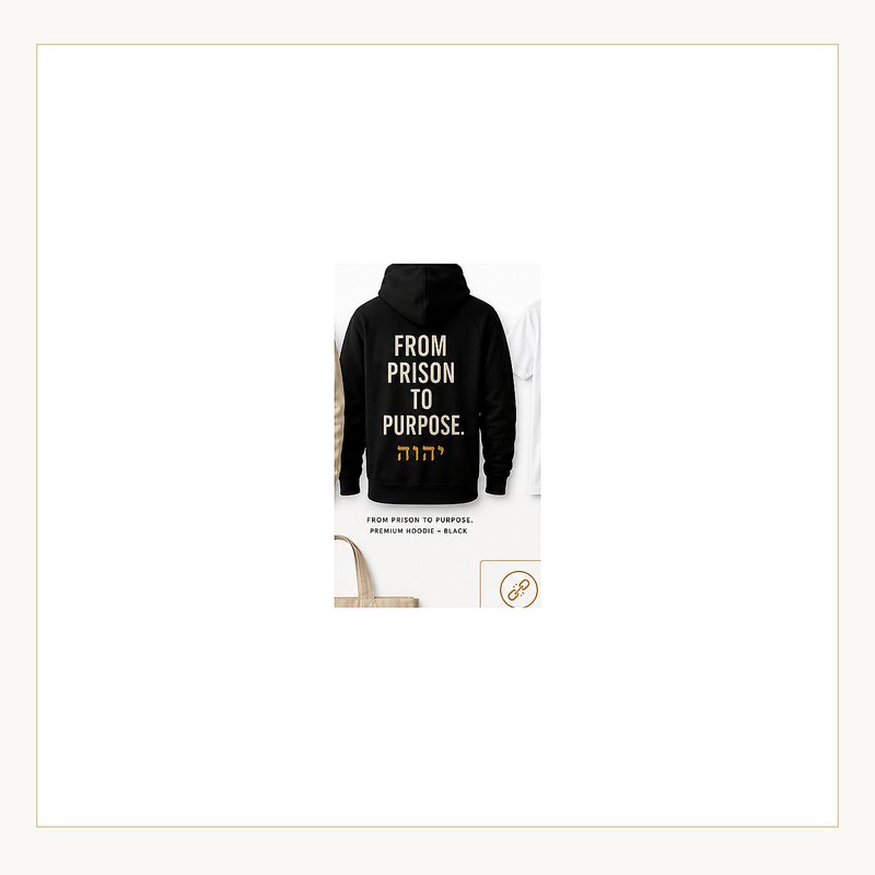 Black hoodie reading From Prison to Purpose.