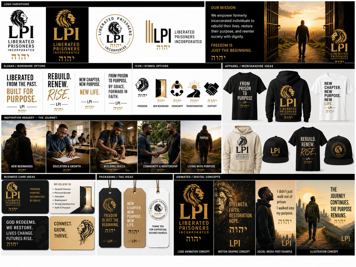 Liberated Prisoners brand overview with logos, mission language, imagery, merchandise, and collateral.